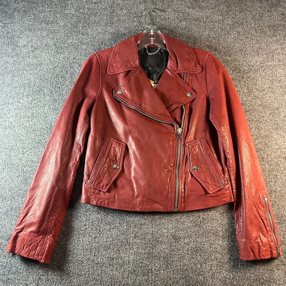 J.Crew Genuine Leather Biker Jacket Women XS Red Long Sleeve Asymmetrical Zip